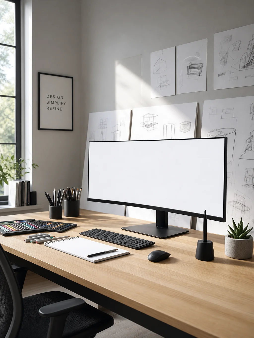 Professional web design workspace with clean architectural lines